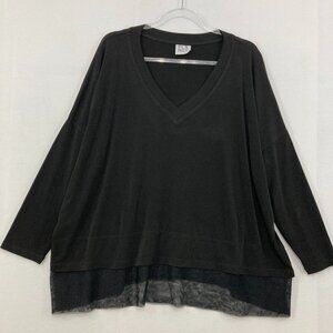 PLANET by Lauren G One Size Black V Neck Mesh Hem Lagenlook Relaxed Knit Top